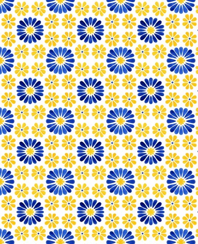 Blå og gule blomster i satinbomuld på hvid baggrund