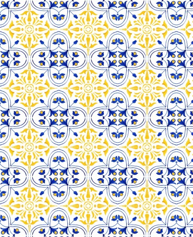 French Terry a yellow-blue-white tile pattern