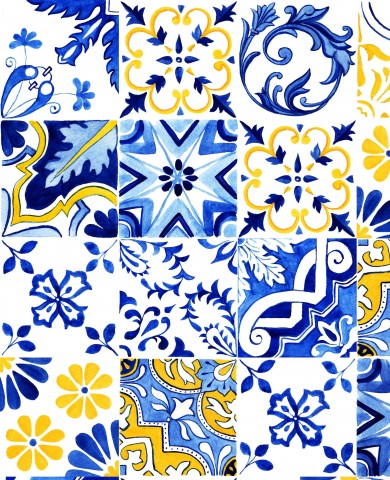 Rib Jersey blaue, gelbe und weiße Fliesen mit Blumenmustern