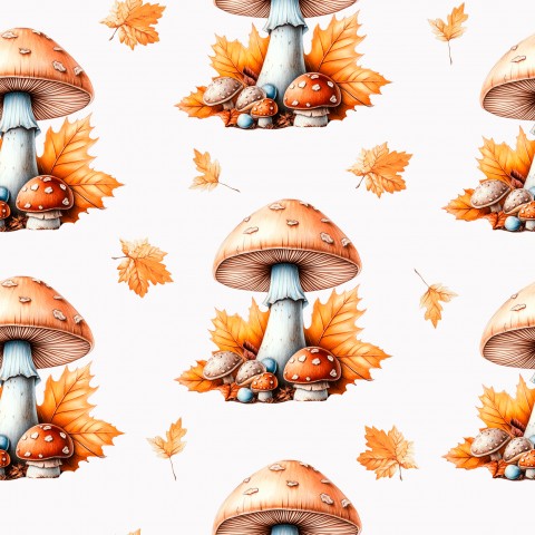 Aquarelle en coton satiné champignons et feuilles d'automne