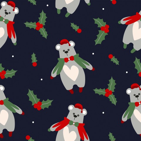 Muslin Christmas pattern with koalas and holly leaves
