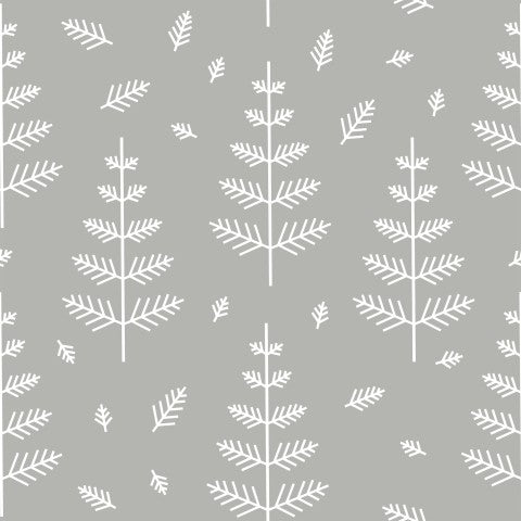 French Terry a grey and white pattern with pine trees on it