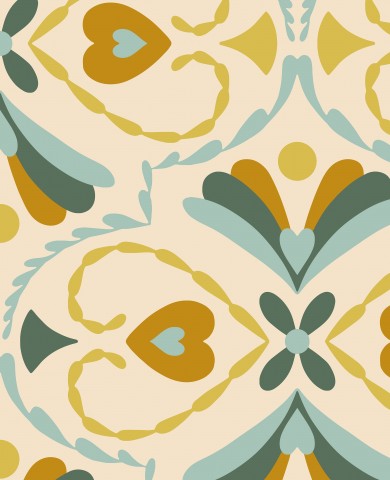 Muslin et kunstnerisk mønster i beige, gul og grøn