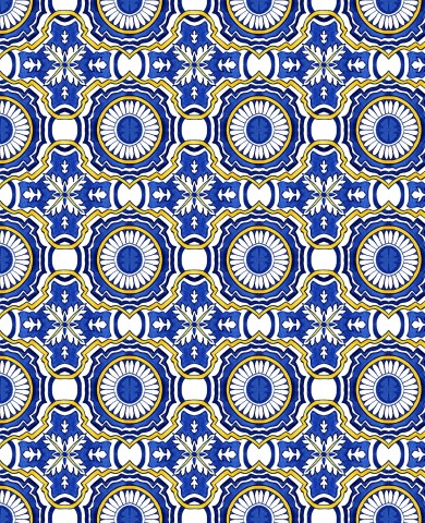 French Terry a blue and yellow tile pattern