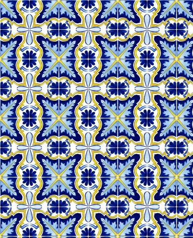 French Terry a blue, yellow and white tile pattern