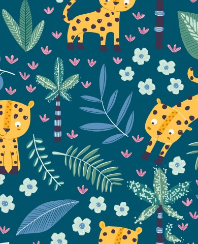 Raso di cotone con simpatico leopardo e piante