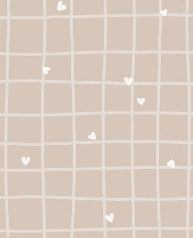 Muslin ett beige- och vitt rutmönster med hjärtan