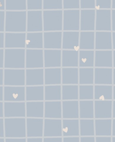 Satin cotton a blue and white check pattern with hearts