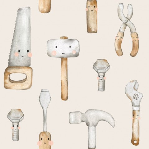 French Terry, en akvarelillustration af forskellige værktøjer, herunder en hammer