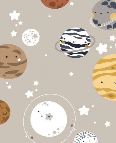 Planetas y estrellas de dibujos animados de Panamá sobre un fondo gris