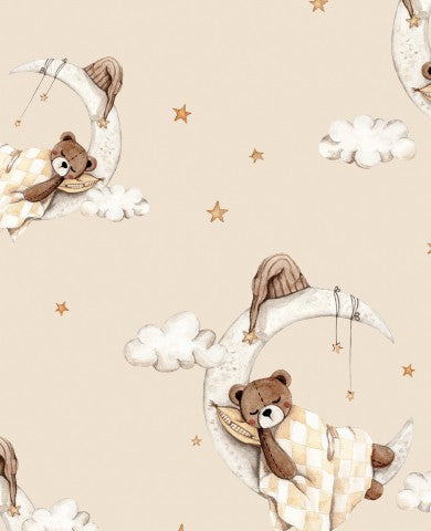 Avvicina la notte con il Canvas Cotton Goodnight Teddy beige chiaro: un tessuto di cotone morbido e coccoloso per la tua prossima proiezione
