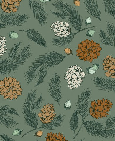 Muslin pine cones and acorns on a green background