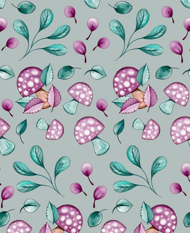 French Terry mushrooms and leaves on a grey background