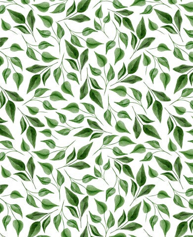 French Terry pattern of green leaves on a white background