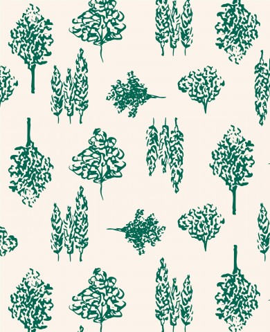 Satin de coton arbres verts sur fond beige