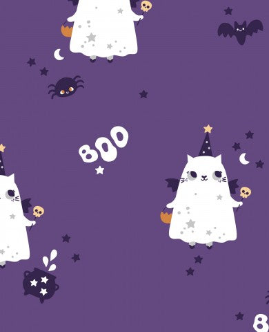 French Terry with a Halloween pattern with cats and ghosts