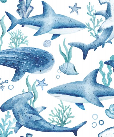 Satin cotton watercolor sharks and corals