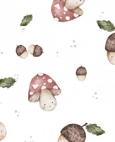 Musselin Aquarellmuster mit niedlichen Pilzen und Eicheln