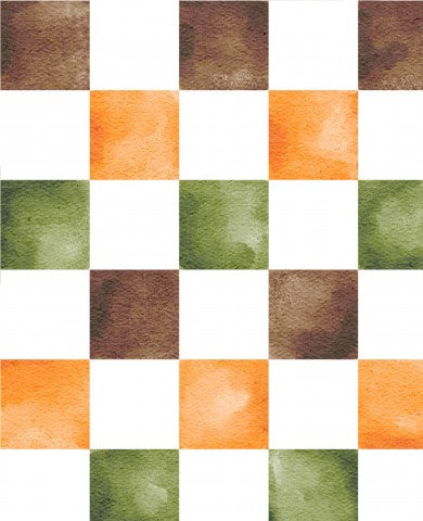 Musselin ein Aquarellmuster mit orangefarbenen, grünen und weißen Quadraten