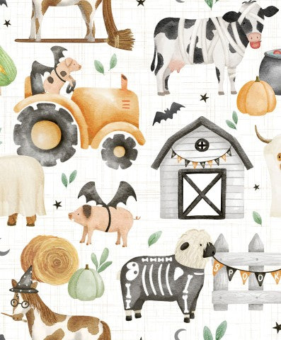 Costumi di Halloween per tutta la famiglia: tessuti in tela di cotone con mucca, maiale, cavallo e trattore per un Halloween all'insegna della fattoria.