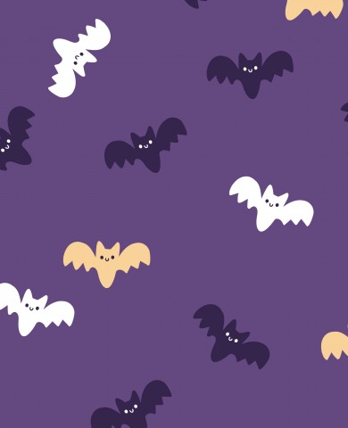 SoftShell et Halloween-mønster med flagermus på en lilla baggrund