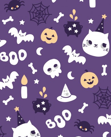 Halloween-mønster i jersey med katte, flagermus og hekse