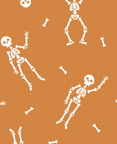 Halloween-mønster i jersey med skeletter på orange baggrund