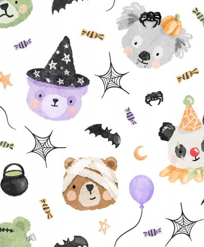 Tessuto in tela di cotone fantasioso per Halloween: un pagliaccio e una strega indossabili su uno sfondo blu scuro, perfetti per gioielli e decorazioni. Cotone