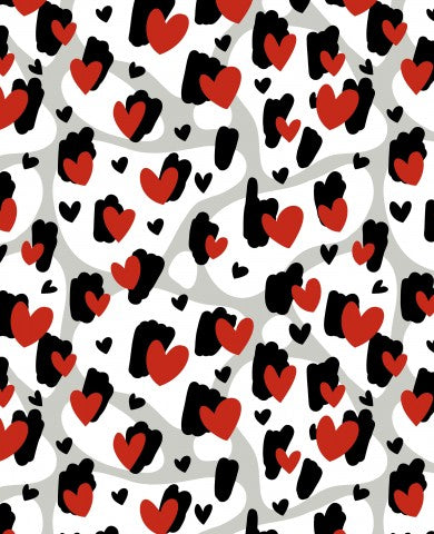 Tessuto impermeabile con motivo a cuore rosso e nero su sfondo bianco