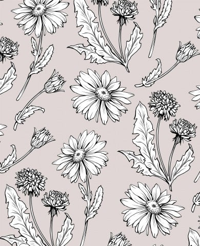 Satin cotton pattern of black and white daisies