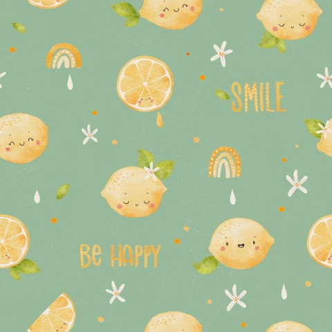 French Terry lemons and rainbows on a green background