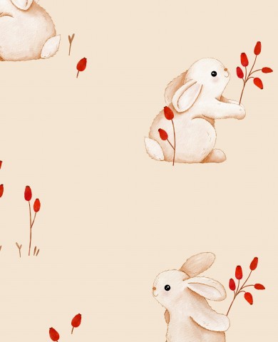 French Terry white rabbit and red flowers