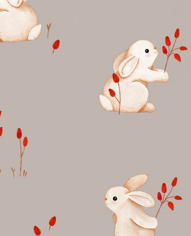 French Terry white rabbit and red flowers