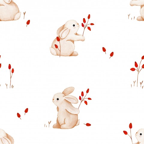Tessuto di cotone bianco con motivo a coniglio e rosa canina su base di tela, ideale per progetti di cucito, dimensioni 15 x 15 cm.