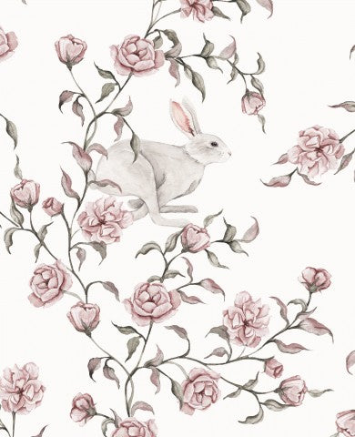 French Terry white rabbit and pink flowers