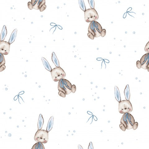 Baumwoll-Canvas-Stoff mit Hase und blauer Schleife - ideal für Ihre nächste Nähprojekte! Baumwolle-Meterware zum Nähen, 100% naturgemäß, weich, atmungsaktiv un