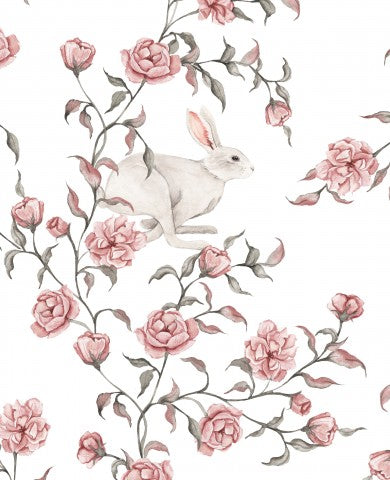 Muslin white rabbit and pink flowers