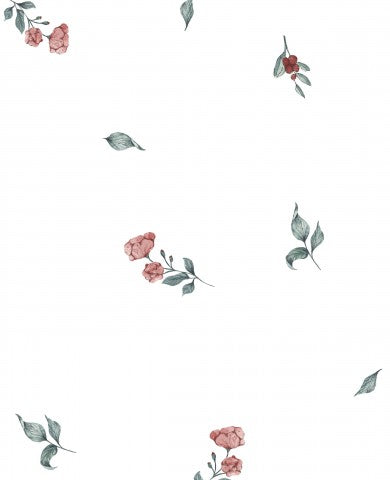 Muslin en vit bakgrund med rosa blommor och blad