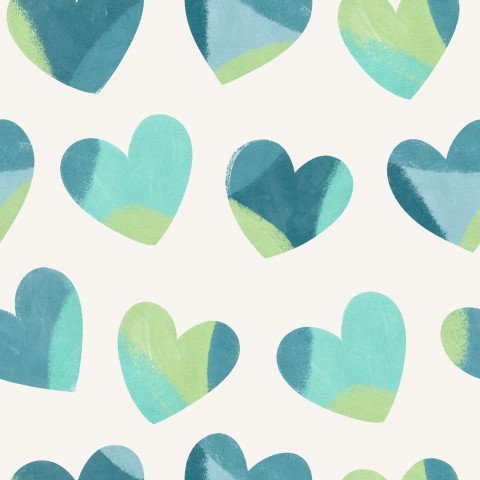 Tissu imperméable coeurs bleus, verts et blancs sur fond blanc