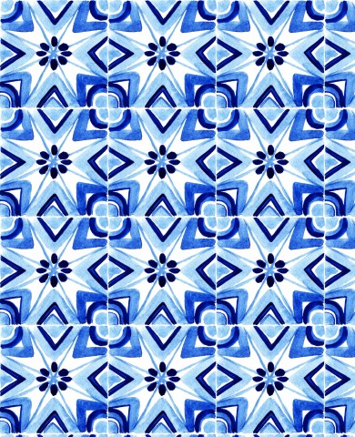 French Terry ein blau-weißes Fliesenmuster