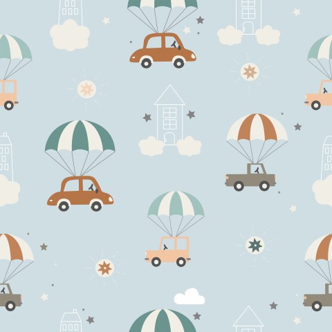 Panama cars and parachutes on blue background