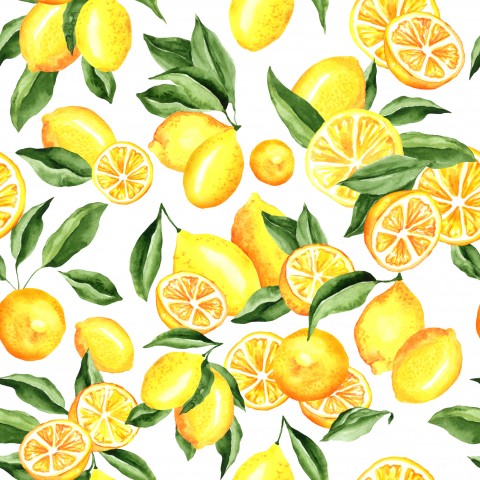 SoftShell watercolor pattern with lemons on a white background