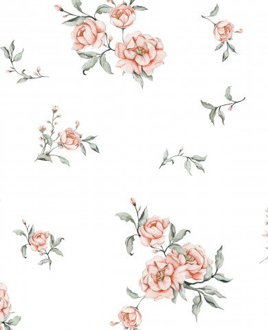 Lyserøde blomster på en hvid baggrund – vores bomuldslærred til syning! Ideel til tøj, dekoration og accessories. 100% bomuld, sælges i metermål.