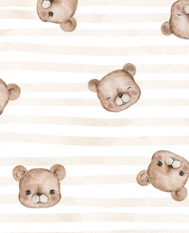 Waterdichte stof met een aquarel teddybeerpatroon op een gestreepte achtergrond