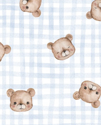 Disegno di un orso autunnale su tessuto di cotone a quadri blu: scopri il materiale perfetto per il tuo prossimo tutorial di artigianato o per un capo d'abbigliamento unico - solo