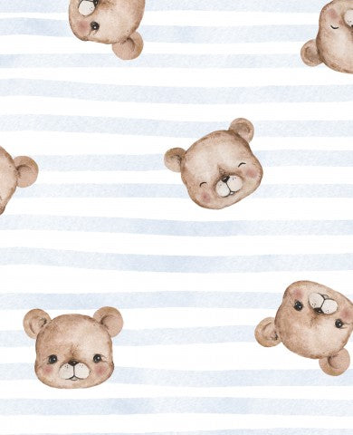 Waterproof fabric a teddy bear pattern on a blue and white striped background