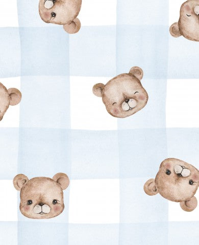 Jersey a watercolor teddy bear pattern on blue and white checked fabric