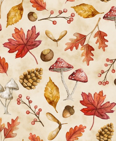 Musselin Pilze, Blätter und Beeren auf beigem Hintergrund