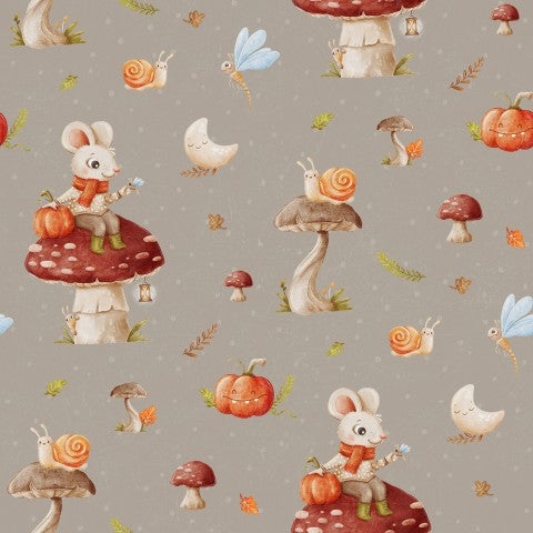 Waterproof fabric mice and mushrooms on a gray background