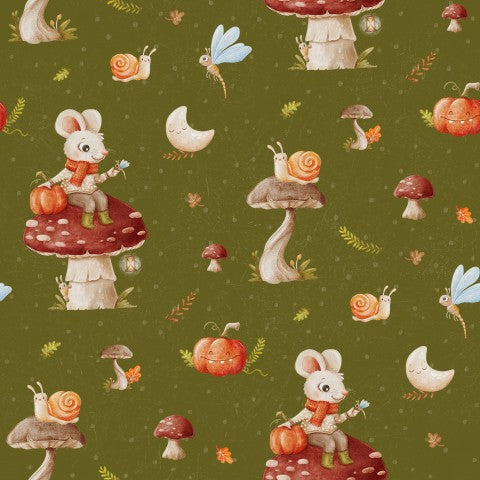 French Terry mice and mushrooms on a green background
